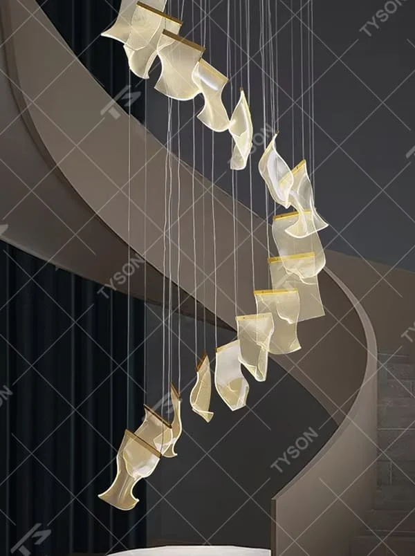 Modern artistic spiral-hung leaf-shaped chandelier, translucent lampshades + golden decorations, soft lighting, creating a high-end artistic atmosphere.