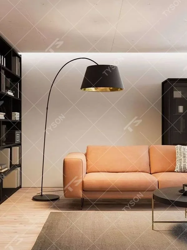 Modern minimalist curved floor lamp, black curved lamp pole paired with a black-outside-gold-inside hemisphere lampshade and a black disc base, soft and warm lighting, creating a minimalist high-end space atmosphere.
