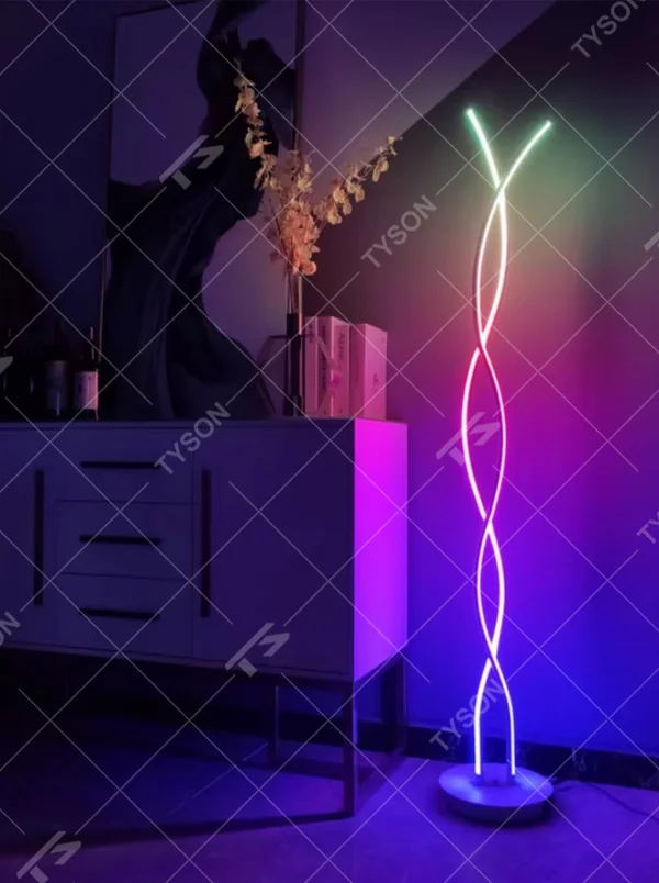 Trendy spiral-wound gradient colorful LED floor lamp, double strip lights spiral-wound + gradient multi-color light effect, creating a fashionable trend atmosphere.
