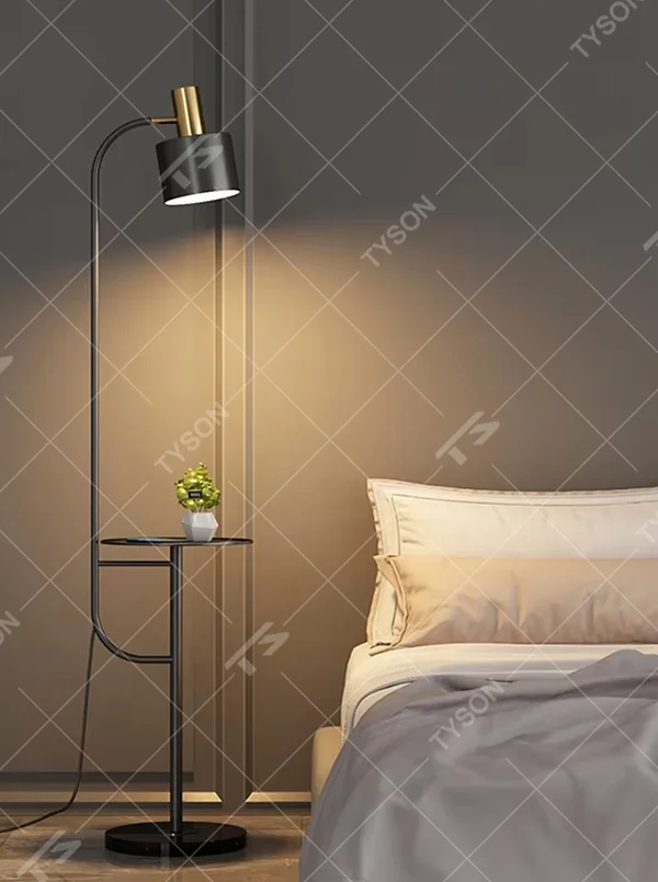 Light luxury black-gold curved LED floor lamp (with side table + drawer), black metal curved stand + gold-decor lamp head + round side table with drawer, soft warm light, creating a high-end practical light luxury atmosphere.