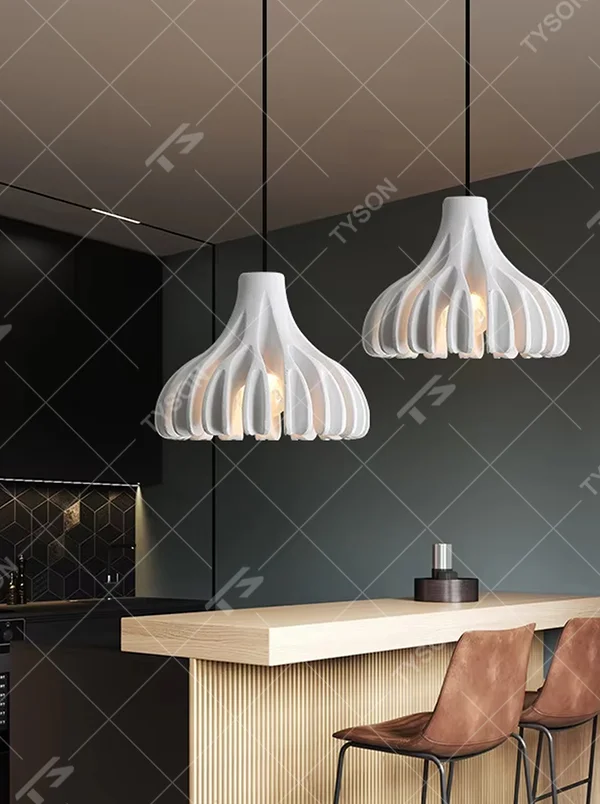 Fresh bud-folded shape multi-color hanging chandelier, bright colors like yellow/green + fan-folded lampshade + black suspension rope, soft warm light, creating a lively and fresh home atmosphere.
