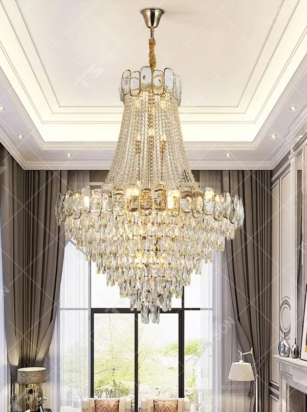 Luxurious golden double-layer crystal chandelier, upper and lower rectangular crystal decorations + crystal tassel shape, warm light presents brilliant light effect through crystals, creating a high-end luxurious space atmosphere.