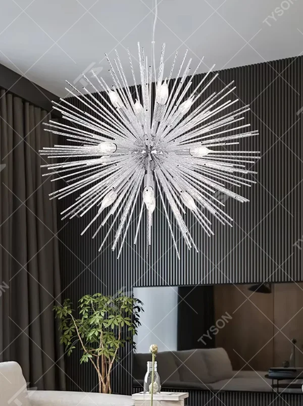 Light luxury golden firework radial-shaped hanging chandelier, radial metal strips + multi-bulb design, brilliant and vivid lighting, creating a vintage artistic atmosphere.