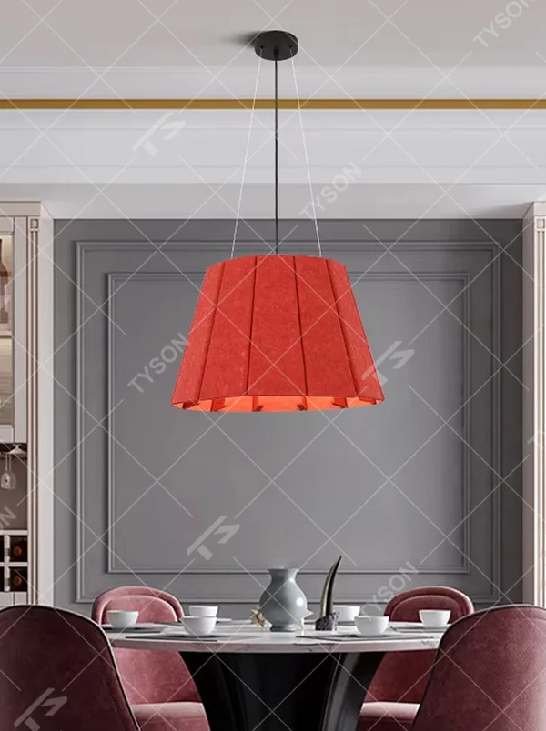Elegant grand-style red pleated fabric hanging chandelier, black suspension rod + ceiling plate, soft and warm lighting, creating an exquisite elegant atmosphere.