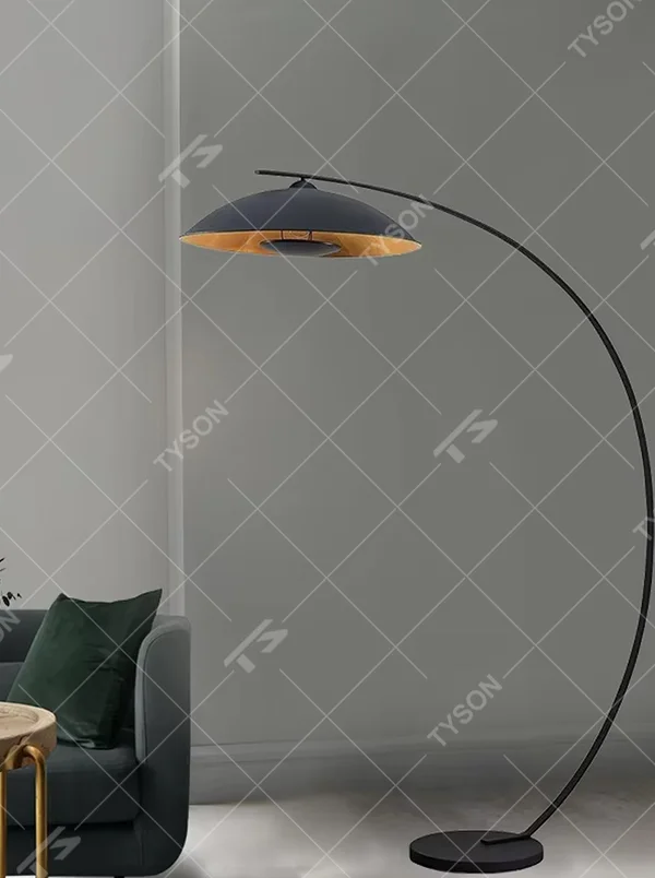Minimalist black metal curved floor lamp, black + wooden inner layer hemispherical lampshade, simple soft light, creating a minimalist high-end home atmosphere.