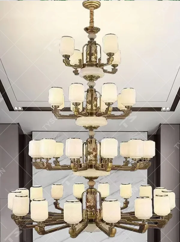 New Chinese-style luxurious multi-layer vintage copper chandelier, 4-layer structure + white jade texture lampshades + vintage copper carved frame, soft warm light creates elegant Chinese atmosphere.