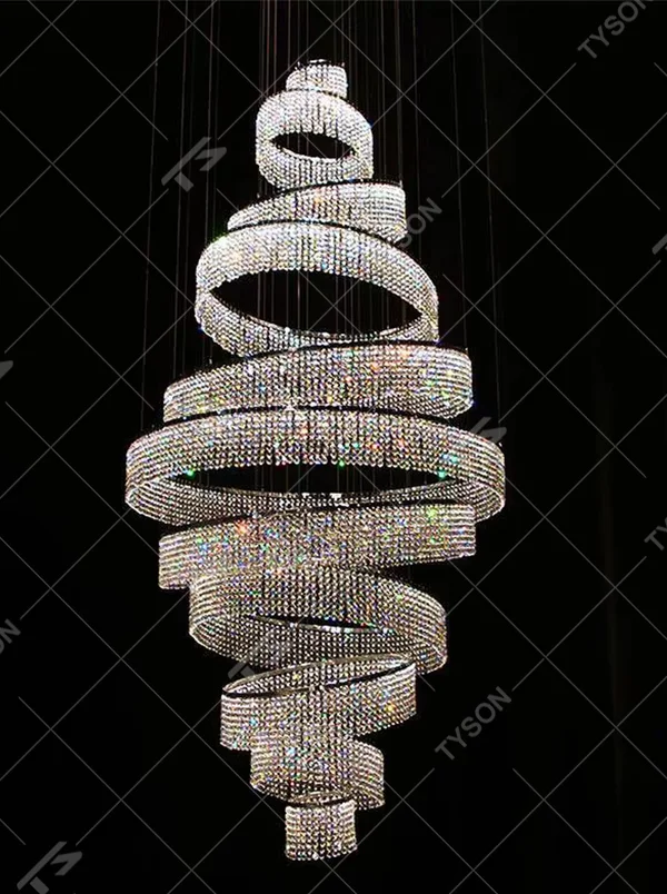 Top-tier luxurious spiral crystal ring chandelier, multi-layer spiral rings full of crystals + brilliant refraction light effect, creating a top-tier luxurious high-ceiling space atmosphere.