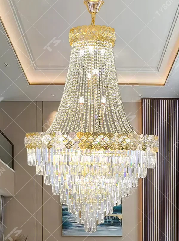 Top-luxury golden frame multi-layer crystal high-ceiling chandelier, tower-shaped gradient design + full crystal strings + carved decorations, brilliant warm light creates noble luxurious atmosphere.