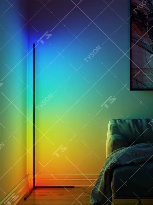 Minimalist corner strip color-changing ambient floor lamp, slender strip lamp body + corner-adapted base + multi-color ambient light, soft light renders the space, creating a stylish atmosphere.