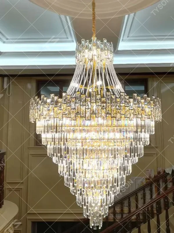 Top-tier luxurious golden frame multi-layer long crystal high-ceiling chandelier, brilliant warm light through crystals, suitable for large-scale high-ceiling spaces.