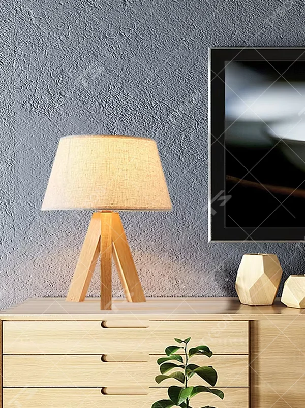 Natural minimalist-style wooden tripod table lamp, beige linen lampshade + solid wood stand, soft and warm lighting, creating a comfortable natural atmosphere.