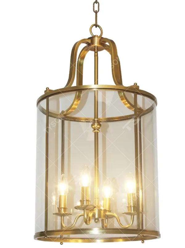 Light luxury golden metal cage-style glass cover candelabra chandelier, golden frame + transparent cylindrical glass cover + candle-shaped bulbs, soft warm light, creating a vintage light luxury atmosphere.