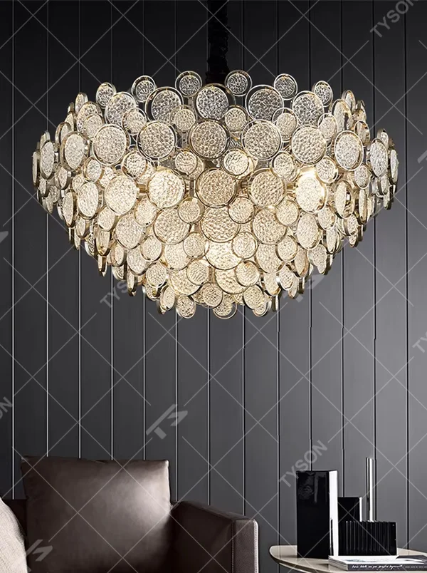 Modern art light luxury long cloud-shaped chandelier, multi-textured circular translucent units + warm light effect, creating a flexible artistic atmosphere.