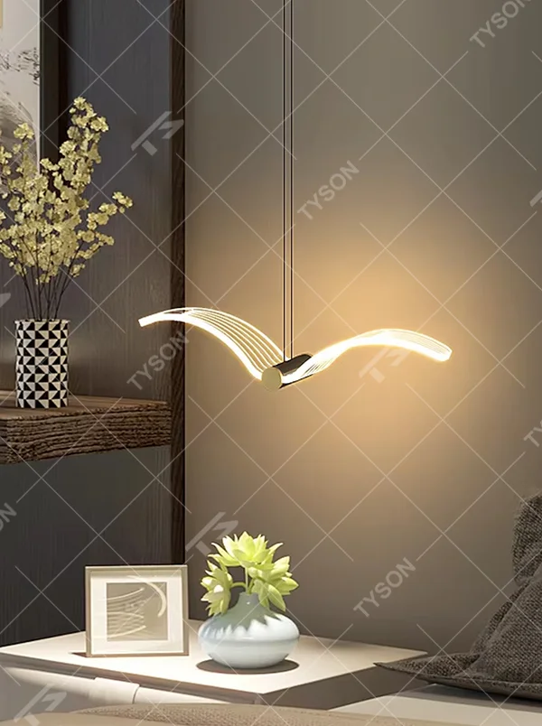 Modern artistic wave-shaped multi-line hanging chandelier, white light strip + black-silver connector, soft and warm lighting, creating a minimalist artistic atmosphere.