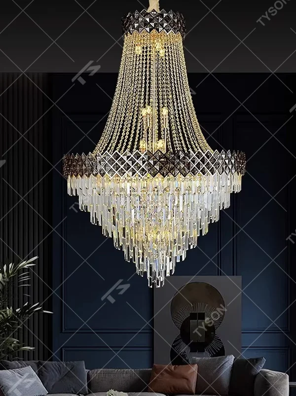 Luxurious black-gold diamond decorative umbrella-shaped crystal chandelier, golden chains + transparent crystal pendants + black diamond decorations, brilliant and gorgeous lighting, creating a high-end luxurious atmosphere.