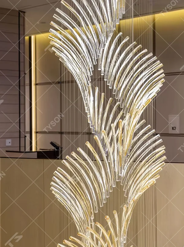 Artistic natural-style gradient light curved transparent tube hanging lamp, transparent curved tubes + gradient warm light, feather-like stretched shape, creating a high-end artistic atmosphere.