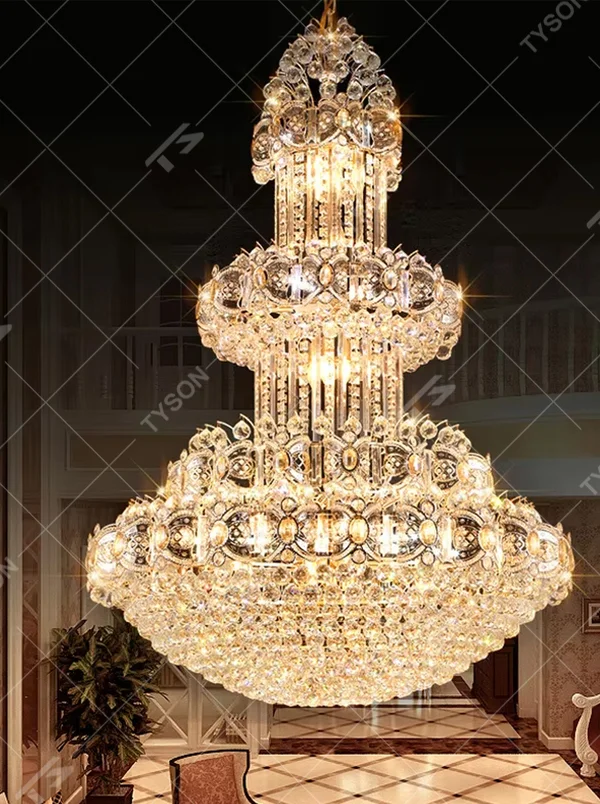 Palace-level luxurious multi-layer full-crystal chandelier, layered crystal shape + brilliant refraction light effect, creating a top-tier noble luxurious high-ceiling space atmosphere.