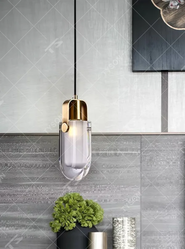 Light luxury gold-decor water-drop glass hanging lamp, golden metal trim + transparent water-drop glass main body, warm light with soft halo, creating a high-end artistic light luxury atmosphere.