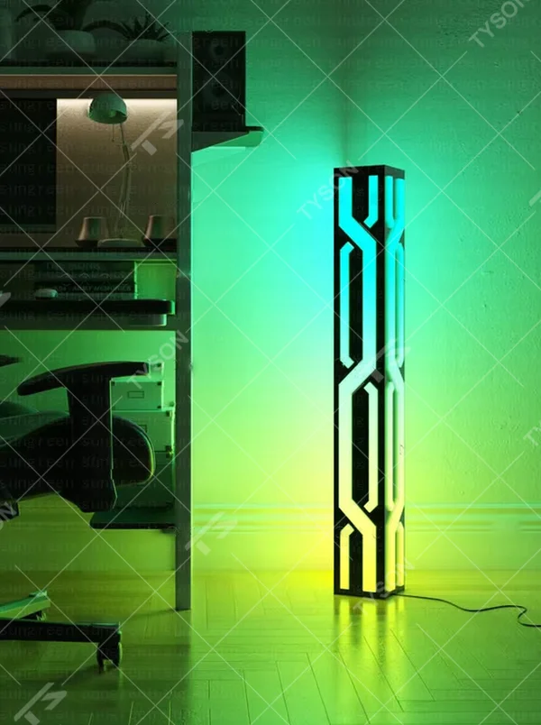 Cyberpunk-style black cube shell geometric pattern LED floor lamp, black cube + luminous geometric lines + cool-toned light effect, creating a sci-fi futuristic space atmosphere.