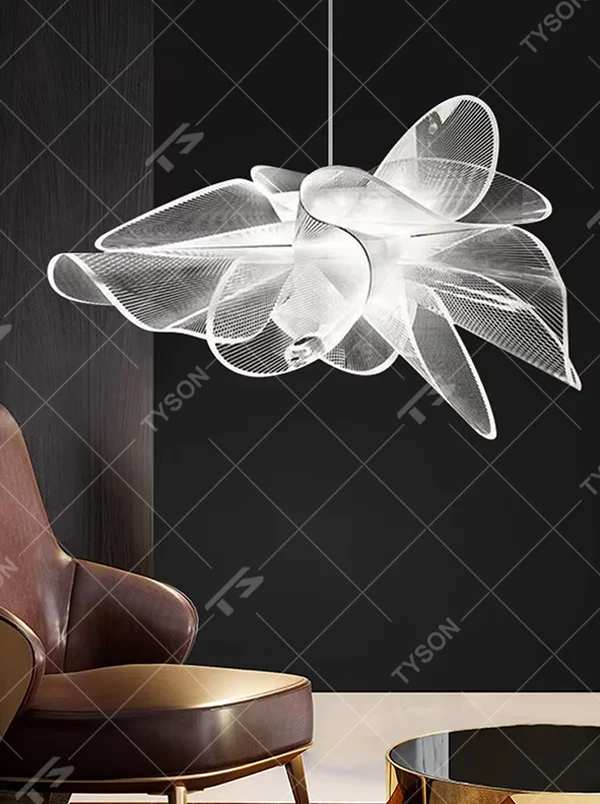 Modern art wing-shaped mesh transparent hanging lamp, minimalist stretched shape + transparent material, soft hazy light, creating a minimalist art atmosphere.