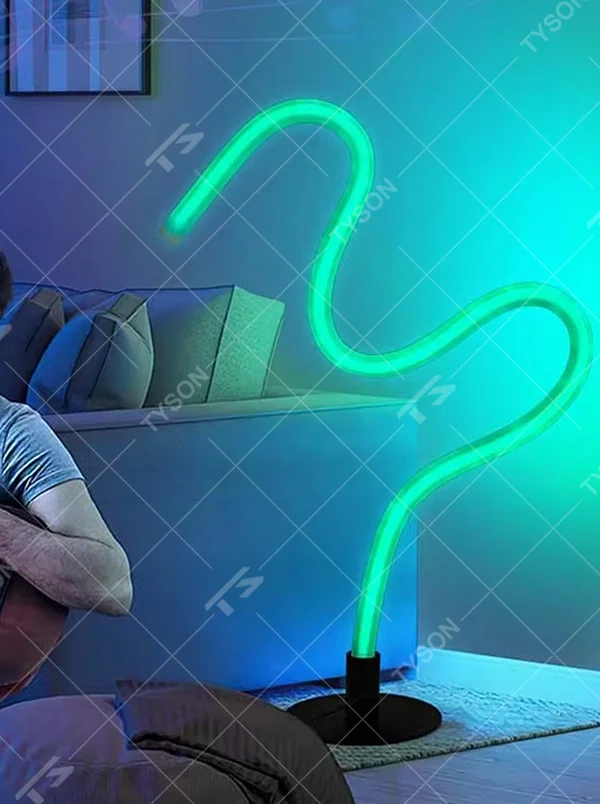 Modern creative bendable RGB neon floor lamp, fluorescent colorful light strip + black base, dynamic and changeable lighting, creating a trendy leisure atmosphere.