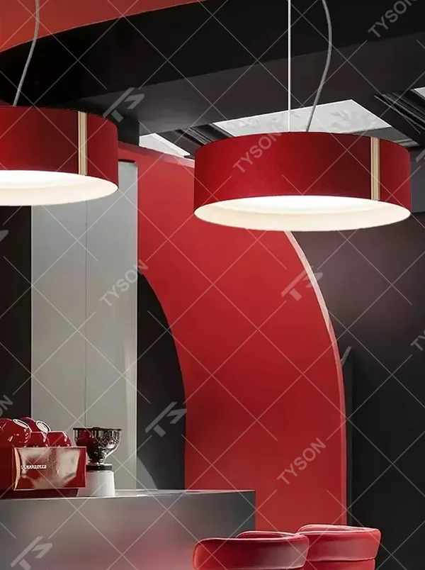 Modern minimalist purple fabric wood-decor round hanging chandelier, dark purple fabric lampshade + wood trim + warm light bottom edge, soft and warm lighting.