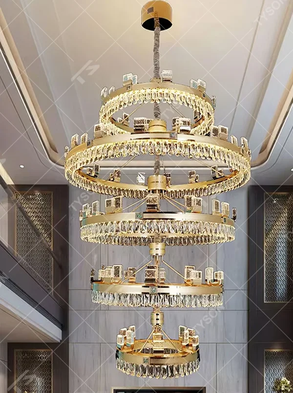 Luxurious multi-layer gold ring crystal square decor chandelier, gold ring frame + crystal pendants + square decorations, brilliant and gorgeous lighting, creating a top-tier high-end luxurious atmosphere.