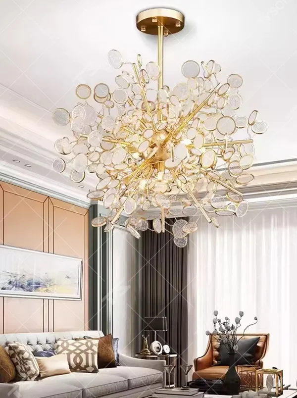 Modern art light luxury bubble cluster textured disk long chandelier, translucent textured disks + warm light effect, creating a flexible artistic light luxury atmosphere.