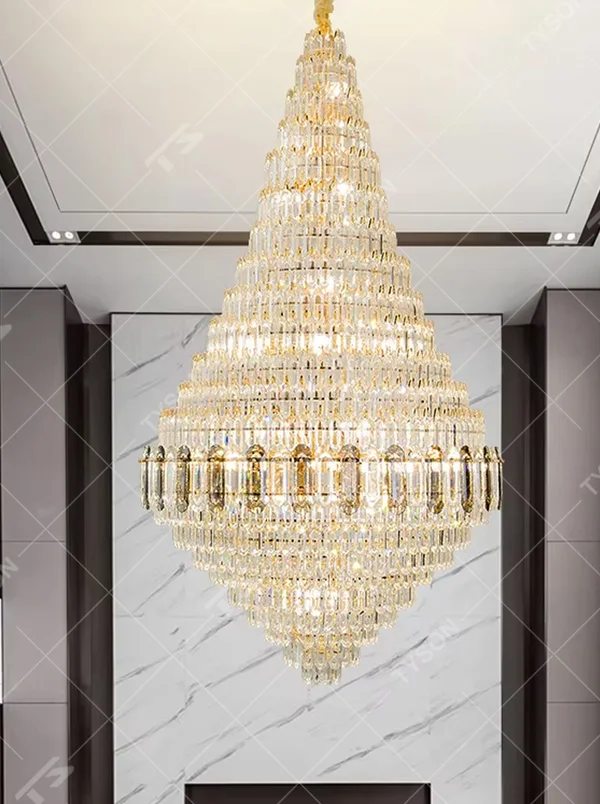 Modern top-luxury conical multi-layer golden frame long crystal high-ceiling chandelier, full of long crystals + warm light effect, creating a luxurious and grand atmosphere in high-ceiling spaces.