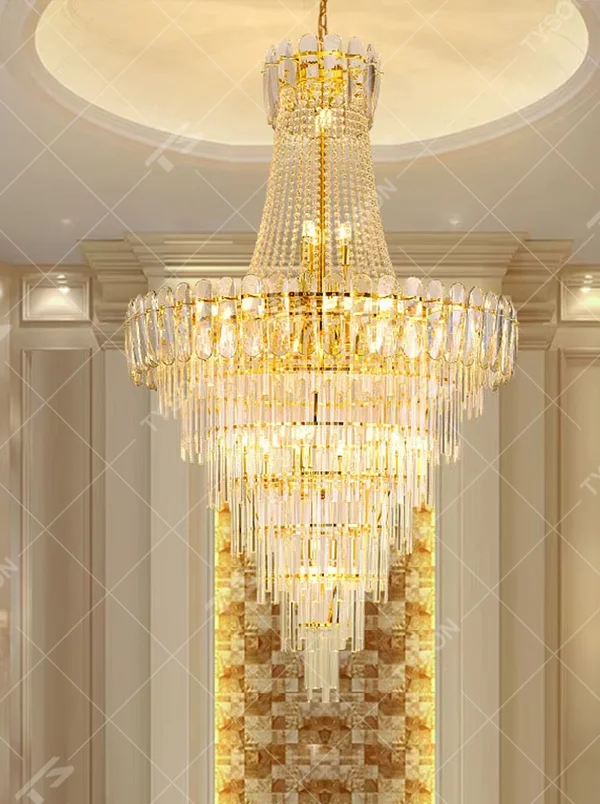 European-style luxury multi-layer golden frame crystal high-ceiling chandelier, full crystal pendants + warm light effect, creating a solemn and luxurious atmosphere in large spaces.