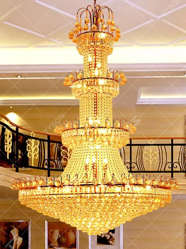 European-style top-luxury full golden frame multi-layer tower-shaped crystal (with spherical decorations) high-ceiling chandelier, warm light effect, creating an extremely gorgeous top-luxury space atmosphere.