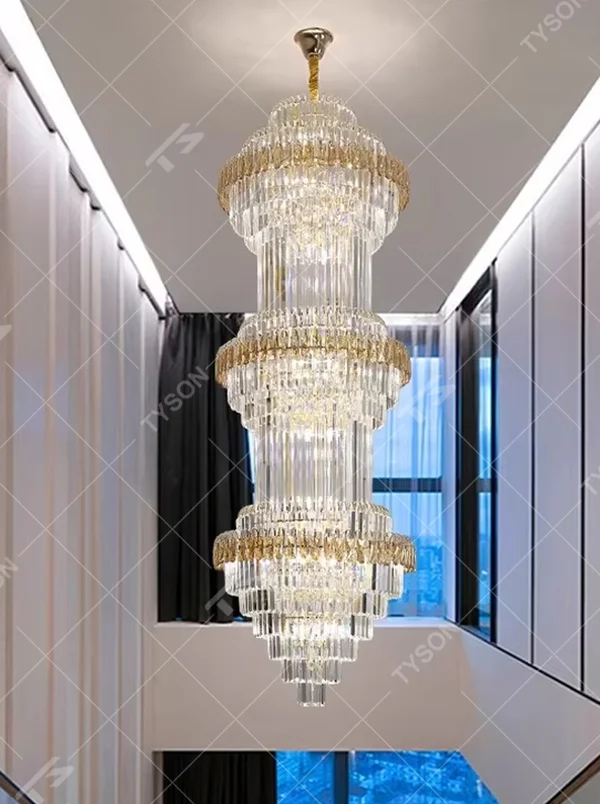 Modern top-luxury multi-layer golden frame crystal high-ceiling chandelier (with black-gray decorative strips), transparent long crystals + golden frame + warm light effect, creating a luxurious and grand atmosphere in high-ceiling spaces.