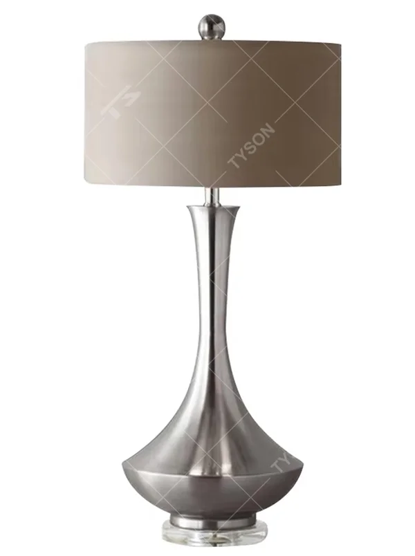Modern minimalist silver bottle-shaped metal pole light beige fabric shade table lamp, warm light effect, creating an elegant light luxury home atmosphere.