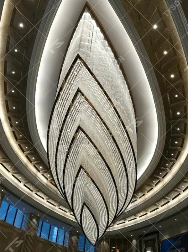 Modern luxurious waterdrop-shaped layered curved golden crystal (light bead) ceiling chandelier (black edge decoration), warm light effect, creating a high-end grand artistic space atmosphere.