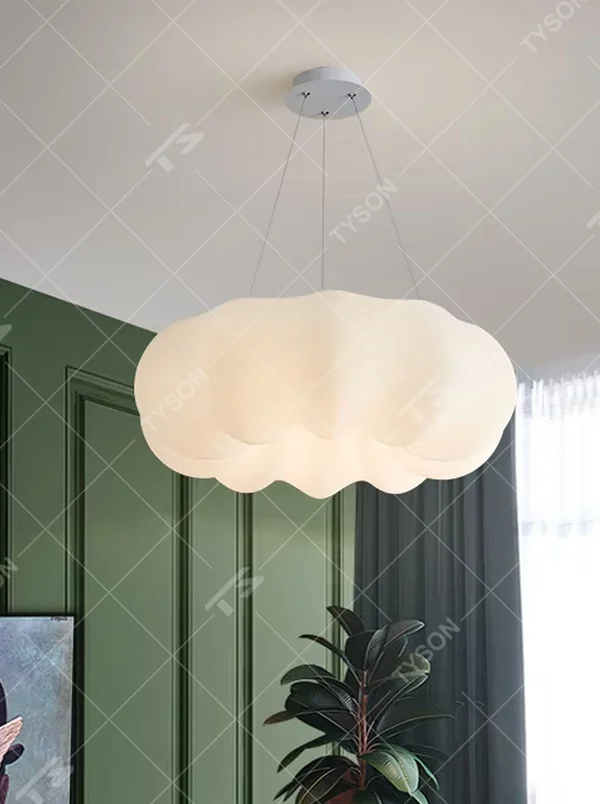 Modern minimalist cloud-shaped soft light chandelier, milk-white translucent material + warm light effect, creating a warm and healing home atmosphere.