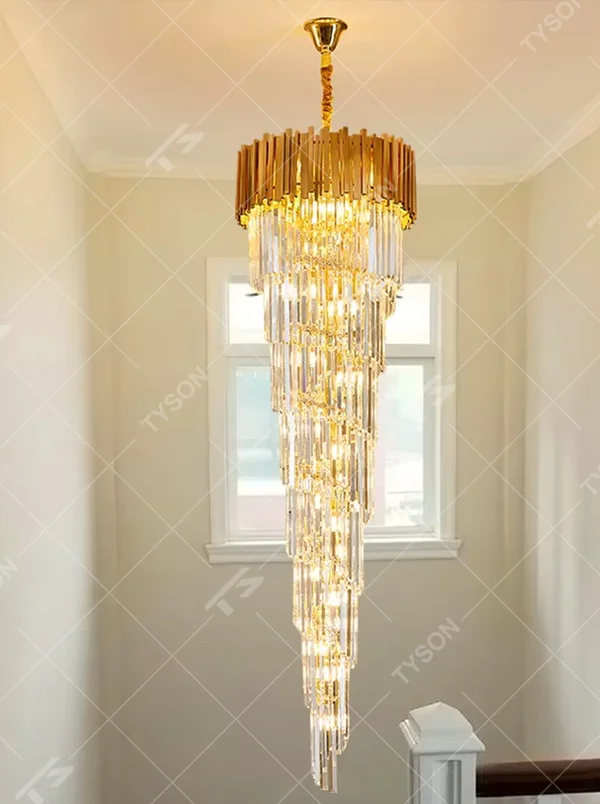 Modern luxurious golden-top long crystal layered high-ceiling chandelier, warm light effect, creating a high-end grand space atmosphere.