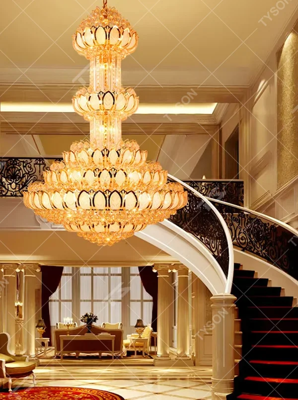 Southeast Asian religious-style multi-layer lotus-shaped golden crystal chandelier, layered lotus structure + full golden crystal material + warm light effect, creating a solemn and luxurious religious atmosphere.