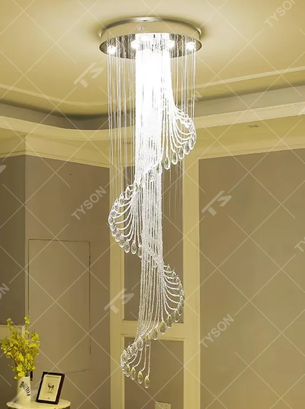 Modern art spiral transparent waterdrop crystal ceiling chandelier, silver-toned ceiling plate, warm light effect, creating a flowing artistic light luxury atmosphere.
