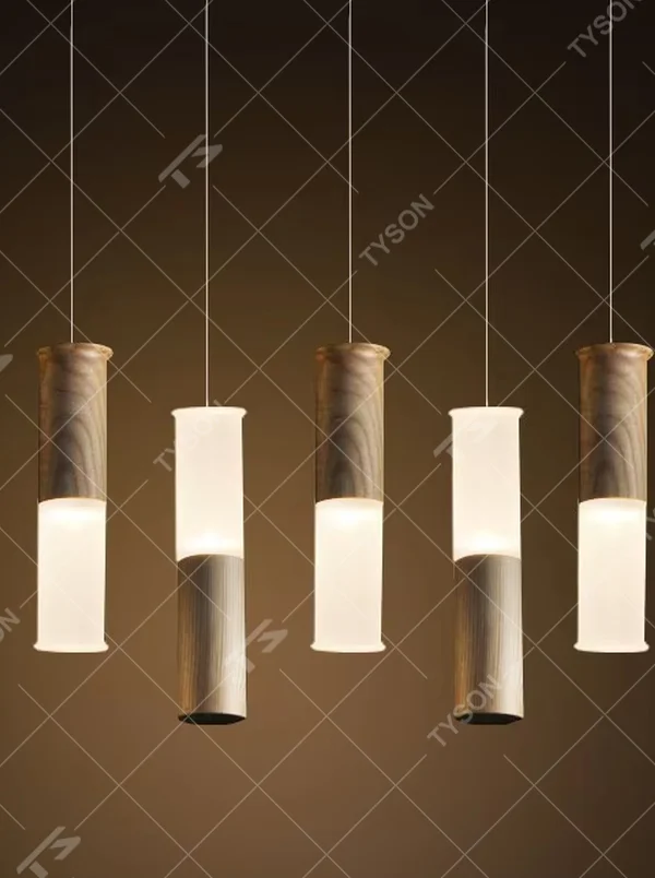 Natural minimalist wood and frosted glass cylinder multi-head pendant light, warm light effect, creating a natural cozy atmosphere.