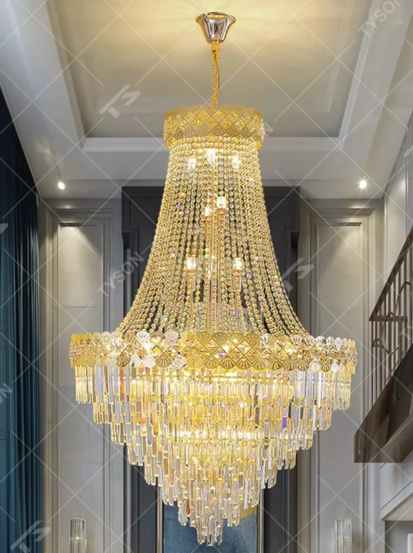 European-style top-luxury full golden frame crystal multi-layer tower chandelier, warm light effect, creating a gorgeous and solemn luxurious atmosphere.