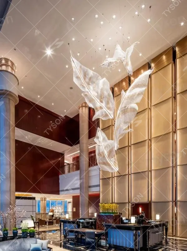 Art feather crystal chandelier (giant crystal feather shape), warm light effect, creating an ethereal and luxurious high-end space atmosphere.