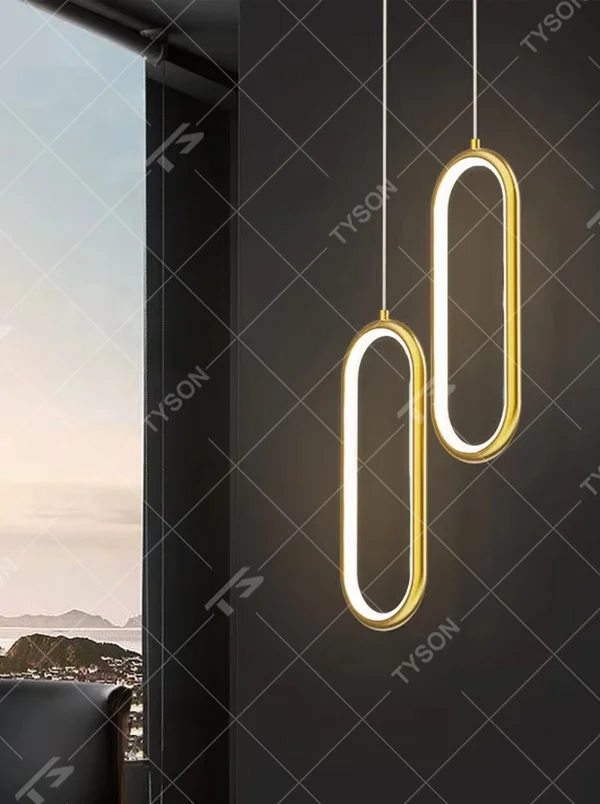 Light luxury gold ring long chandelier (gold metal ring + built-in light strip), warm light effect, creating a stylish and high-end space atmosphere.