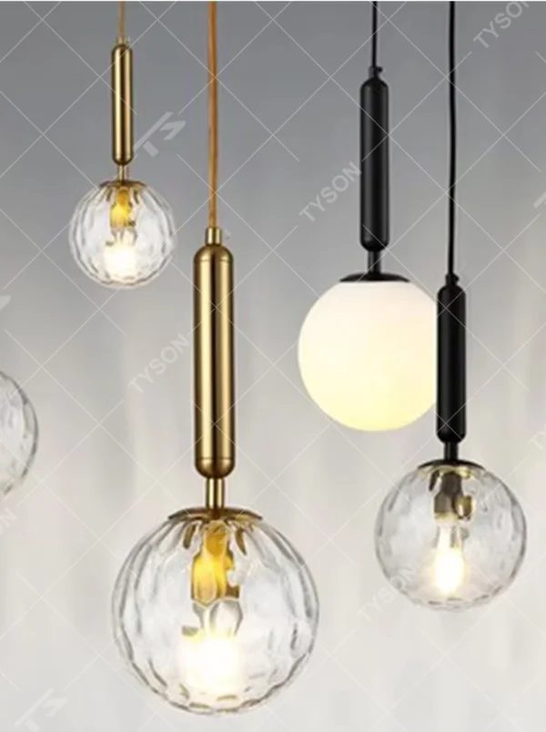 Minimalist golden ball glass chandelier (gold pole + milk white glass ball), warm light effect, creating a simple and high-end warm space atmosphere.