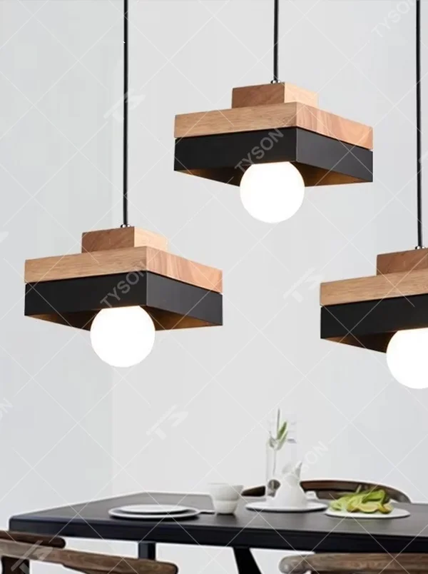 Log white ring minimalist chandelier (log + white ring splicing frame + milk-white glass ball), warm light effect, creating a natural and fresh home atmosphere.