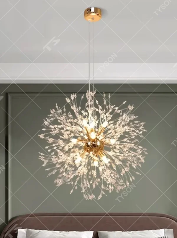 Art firework ball chandelier (gold-white starburst shape + warm light), warm light effect, creating a brilliant and romantic light luxury home atmosphere.