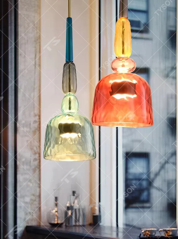 Retro colorful glass bell chandelier (multi-color combination), warm light effect, creating a lively and fresh artistic space atmosphere.