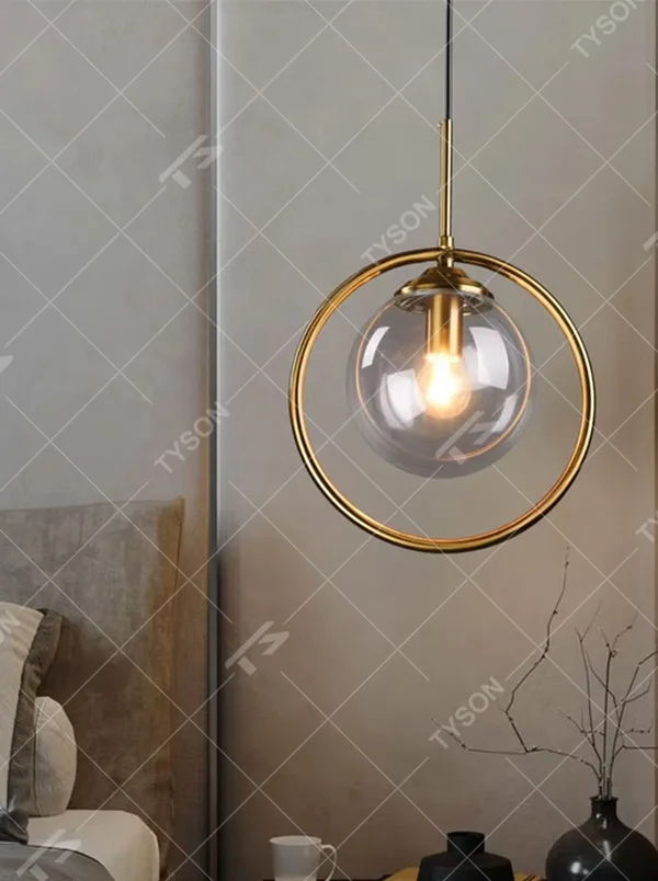 Modern light luxury golden ring glass ball chandelier (warm light), warm light effect, creating a simple and high-end warm space atmosphere.