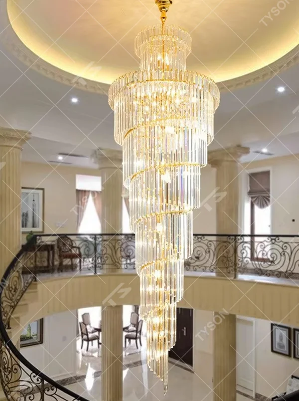 European palace-style multi-layer golden frame long crystal high-ceiling chandelier, warm light effect, creating a luxurious noble space atmosphere.