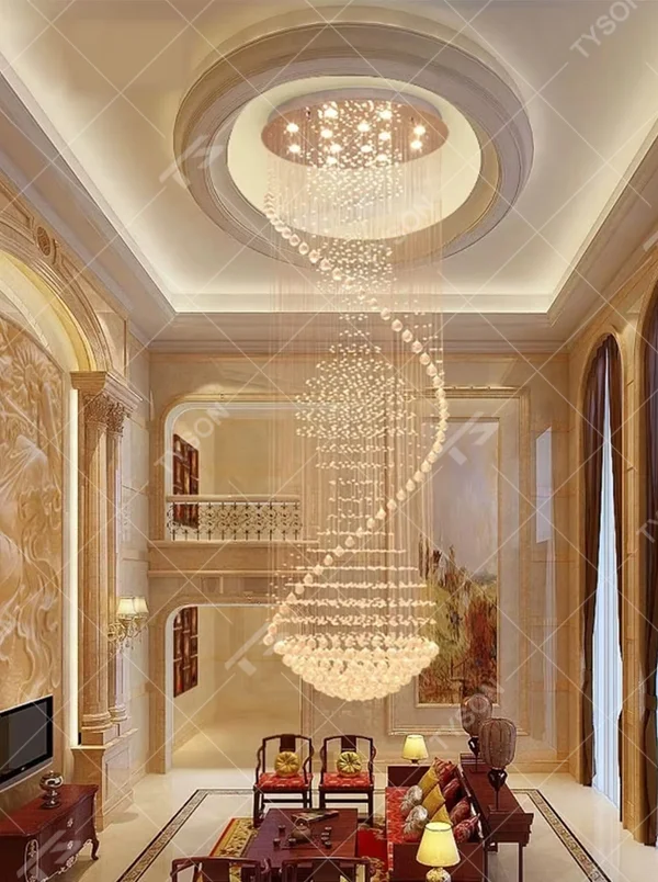 Modern art spiral spherical crystal high-ceiling chandelier, warm light effect, creating a luxurious and dynamic space atmosphere.