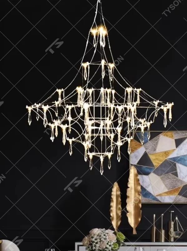 Art cobweb crystal chandelier (crystal pendants + cobweb-style hanging), warm light effect, creating a brilliant and dreamy light luxury space atmosphere.